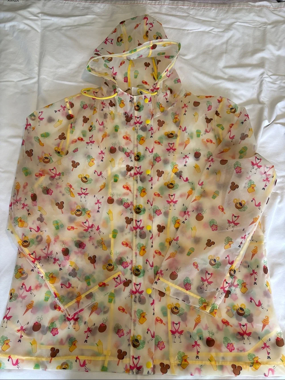 Disney Clear Hooded Rain Jacket with Pink Flamingo & Yellow Trim
